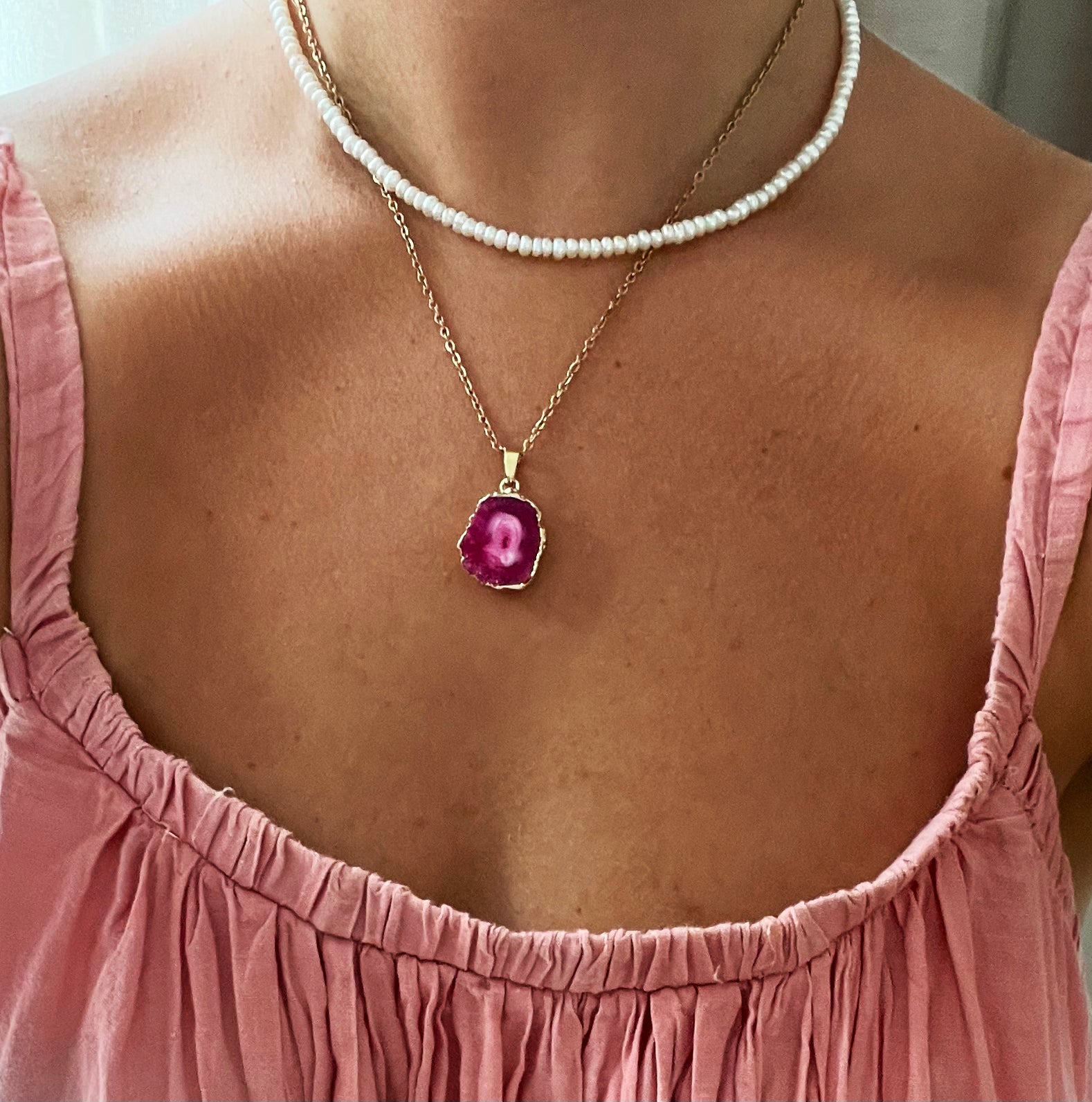 Pink Druzy Agate Necklace for Love & Positivity